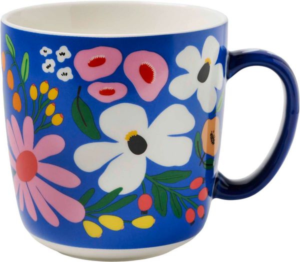 Produktbild: Bunte Blumengr&uuml;&szlig;e Kaffeebecher royalblau, 350 ml