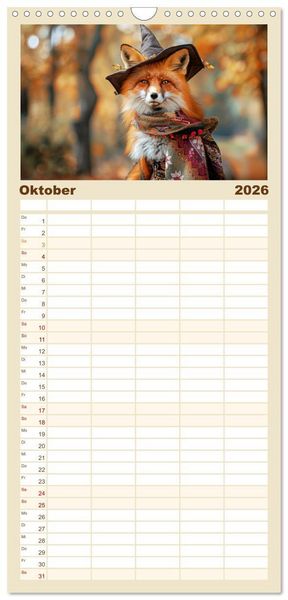 Produktbild: Familienplaner 2026 - Fuchsige Eskapaden. Reineke mit noblen Accessoires mit 5 Spalten (Wandkalender, 21 x 45 cm) CALVENDO