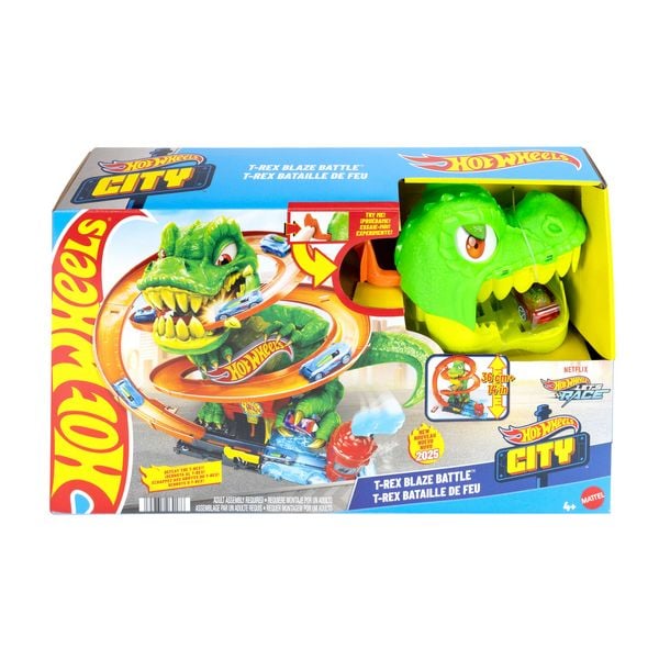 Produktbild: Hot Wheels City T-Rex-Feuerschlacht Spielset und Die-Cast-Spielzeugauto im Maßstab 1:64, gegnerischer Dinosaurier