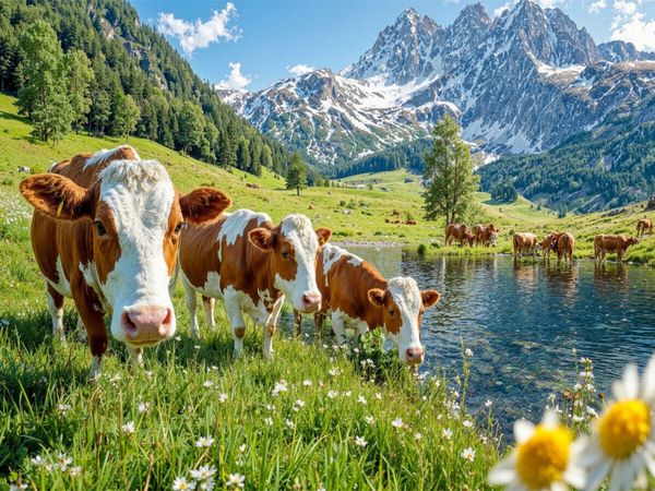 Produktbild: CALVENDO Puzzle Drei K&uuml;he grasen friedlich auf der Alm - Idylle zwischen Bachlauf und Bergluft | 1000 Teile Lege-Gr&ouml;&szlig;e 64x48cm Foto-Puzzle f&uuml;r gl&uuml;ckli