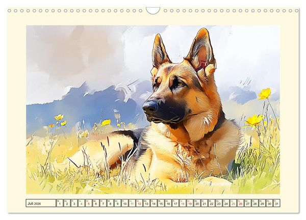 Produktbild: Deutsche Sch&auml;ferhunde. Majest&auml;tische W&auml;chter im Aquarell-Stil (Wandkalender 2026 DIN A3 quer), CALVENDO Monatskalender