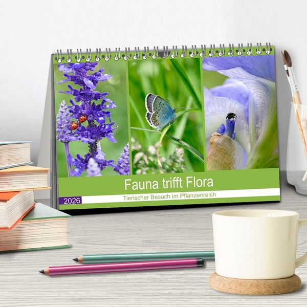 Produktbild: Fauna trifft Flora - Tierischer Besuch im Pflanzenreich (Tischkalender 2026 DIN A5 quer), CALVENDO Monatskalender