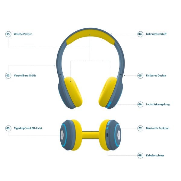 Produktbild: tigerbuddies Bluetooth Kinderkopfh&ouml;rer Royal Sun ( dunkelblau / gelb )