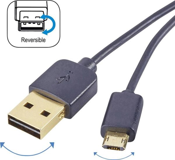 Renkforce USB-Kabel USB 2.0 USB-A Stecker, USB-Micro-B Stecker 1.00 m Schwarz beidseitig verwendbarer Stecker, vergoldet