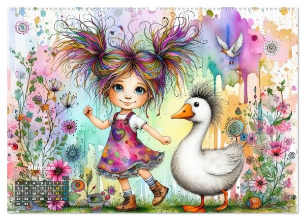Produktbild: Kunterbunte Freundschaften - Fr&ouml;hliche M&auml;dchen und ihre tierischen Freunde (hochwertiger Premium Wandkalender 2026 DIN A2 quer), Kunstdruck in Hochglanz