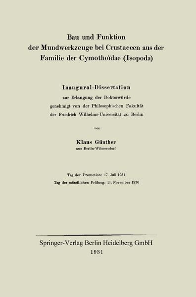 Produktbild: Bau und Funktion der Mundwerkzeuge bei Crustaceen aus der Familie der Cymotho&iuml;dae (Isopoda)