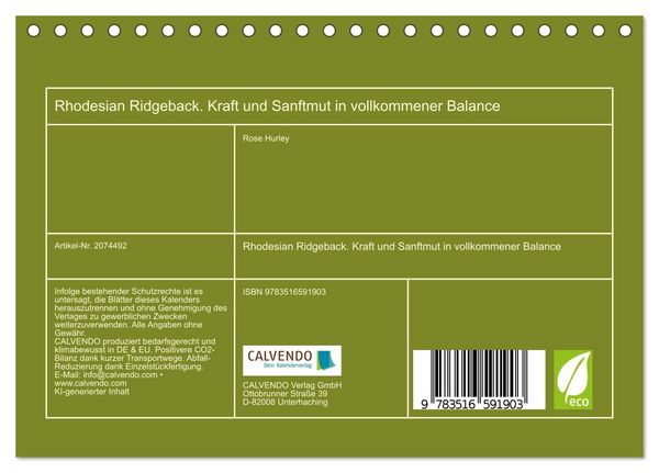 Produktbild: Rhodesian Ridgeback. Kraft und Sanftmut in vollkommener Balance (Tischkalender 2026 DIN A5 quer), CALVENDO Monatskalender