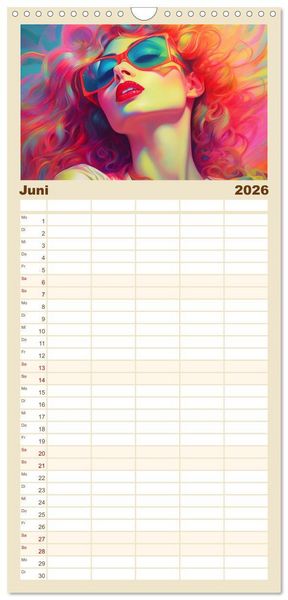 Produktbild: Familienplaner 2026 - Popart Prinzessin mit 5 Spalten (Wandkalender, 21 x 45 cm) CALVENDO
