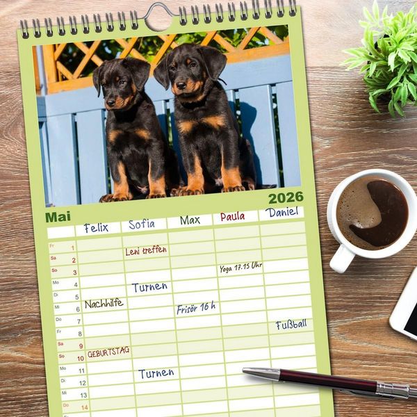 Produktbild: Familienplaner 2026 - Welpen 2026 mit 5 Spalten (Wandkalender, 21 x 45 cm) CALVENDO