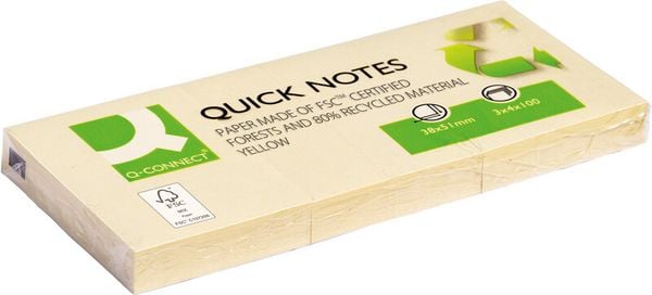 Produktbild: Q-CONNECT&reg; Haftnotizen Quick Notes Recycling gelb, 51 x 38 mm 3 St&uuml;ck