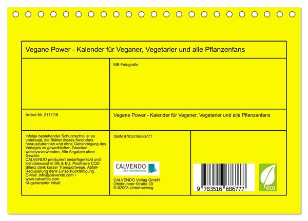 Produktbild: Vegane Power - Kalender f&uuml;r Veganer, Vegetarier und alle Pflanzenfans (Tischkalender 2026 DIN A5 quer), CALVENDO Monatskalender