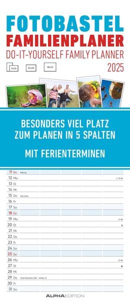 Foto-Bastel-Familienplaner 2025 - Bastelkalender zum Aufhängen - 19,5x45 cm - datiert - mit 5 Spalten - Fotokalender - F