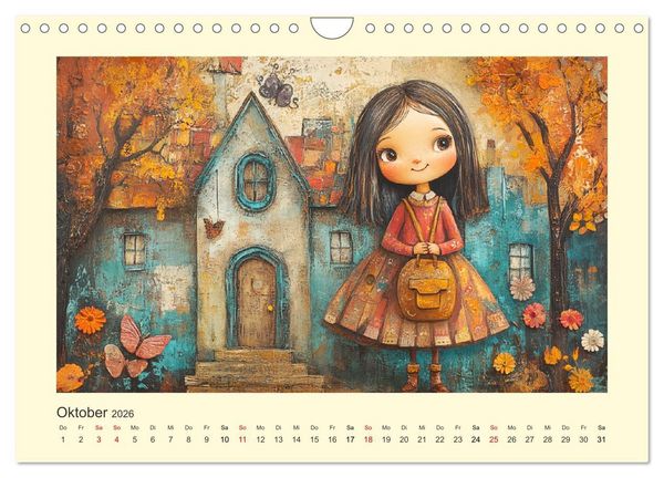Produktbild: Fr&ouml;hliche Kinder. Bezaubernde Schulm&auml;dchen im &Ouml;lbilder-Stil (Wandkalender 2026 DIN A4 quer), CALVENDO Monatskalender