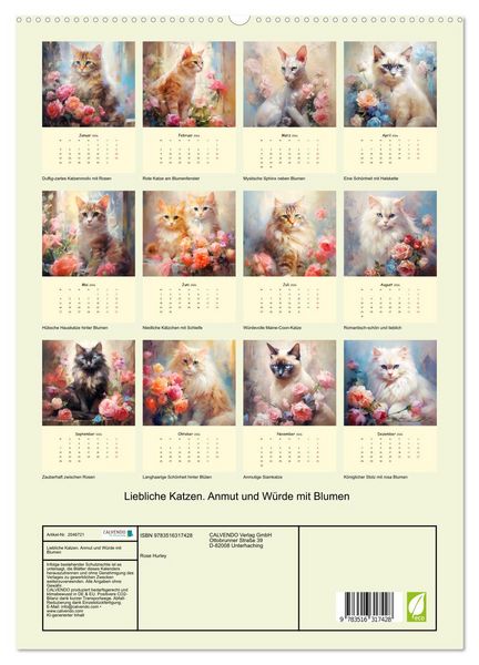 Produktbild: Liebliche Katzen. Anmut und W&uuml;rde mit Blumen (hochwertiger Premium Wandkalender 2026 DIN A2 hoch), Kunstdruck in Hochglanz