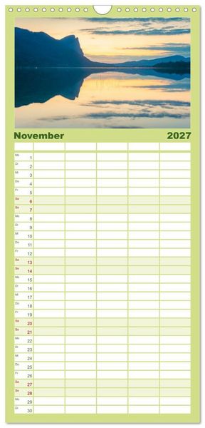 Produktbild: Familienplaner 2027 - Alpenseen - Berge im Spiegel mit 5 Spalten (Wandkalender, 21 x 45 cm) CALVENDO