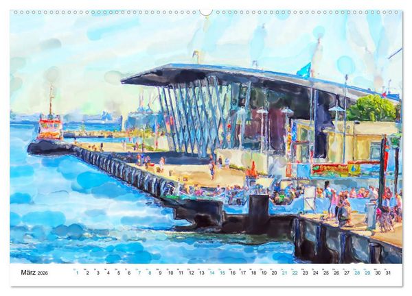 Produktbild: Warnem&uuml;nde - Die Ostseestadt illustriert in Aquarell (hochwertiger Premium Wandkalender 2026 DIN A2 quer), Kunstdruck in Hochglanz