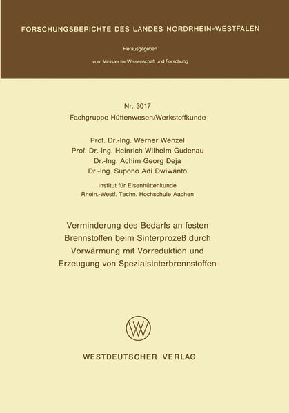 Produktbild: Verminderung des Bedarfs an festen Brennstoffen beim Sinterproze&szlig; durch Vorw&auml;rmung mit Vorreduktion und Erzeugung von Spezialsinterbrennstoffen
