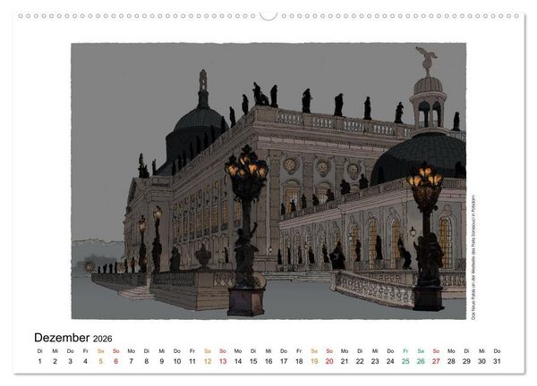 Produktbild: Potsdamer Sehensw&uuml;rdigkeiten in Ink und Farbe (hochwertiger Premium Wandkalender 2026 DIN A2 quer), Kunstdruck in Hochglanz