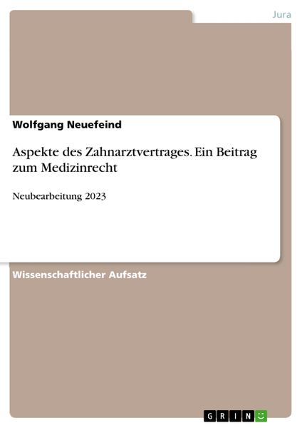 Produktbild: Aspekte des Zahnarztvertrages. Ein Beitrag zum Medizinrecht