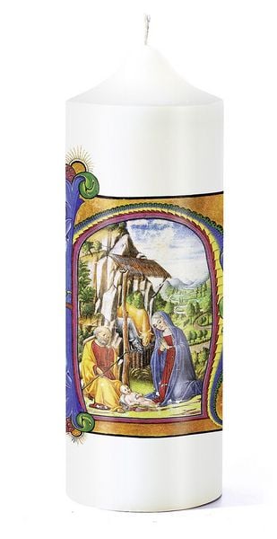Produktbild: Weihnachtskerze &raquo;Christi Geburt&laquo; mit Kunstbuch-Motiv