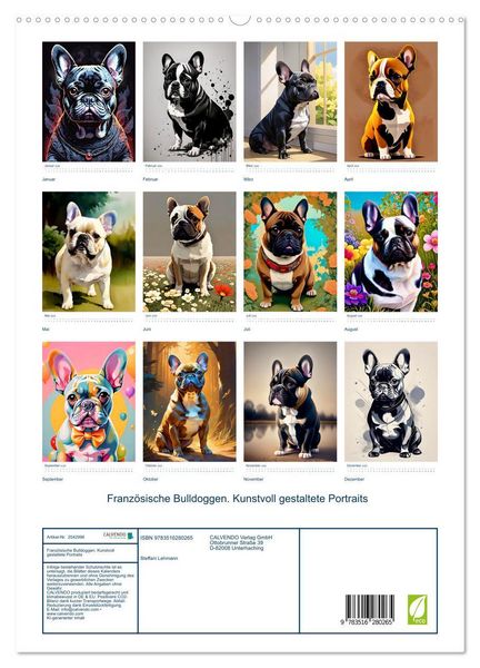 Produktbild: Franz&ouml;sische Bulldoggen. Kunstvoll gestaltete Portraits (hochwertiger Premium Wandkalender 2026 DIN A2 hoch), Kunstdruck in Hochglanz