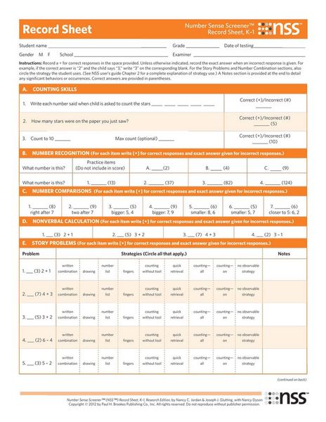 Produktbild: Number Sense Screener(tm) (Nss(tm)) Record Sheets, K-1, Research Edition