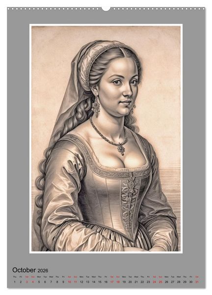 Produktbild: Baroque Beauties, Pencil Art with Artificial Intelligence (High Quality Premium Wall Calendar 2026 DIN A2 portrait),CALVENDO 12 Month Wall Calendar