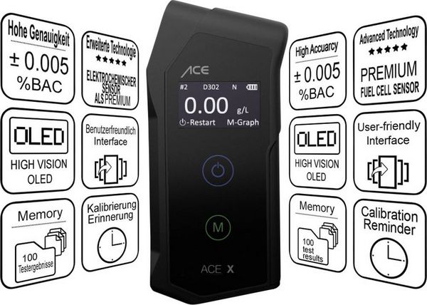 Produktbild: ACE X Alkoholtester Schwarz 0.0 bis 5 &permil; inkl. Display