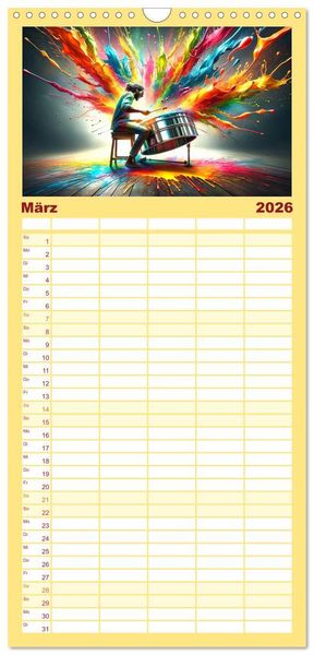 Produktbild: Familienplaner 2026 - Drummer - Color Splash Rhythms: Trommelschl&auml;ge und Farbexplosionen mit 5 Spalten (Wandkalender, 21 x 45 cm) CALVENDO