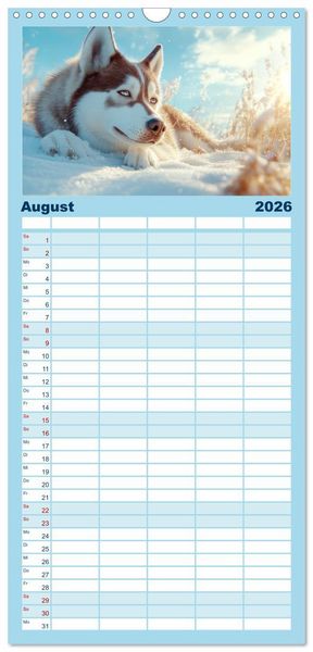 Produktbild: Familienplaner 2026 - Huskies - Kraft und Anmut mit 5 Spalten (Wandkalender, 21 x 45 cm) CALVENDO