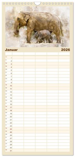 Produktbild: Familienplaner 2026 - Elefanten - k&uuml;nstlerische Impressionen der gr&ouml;&szlig;ten noch lebenden Landtiere mit 5 Spalten (Wandkalender, 21 x 45 cm) CALVENDO