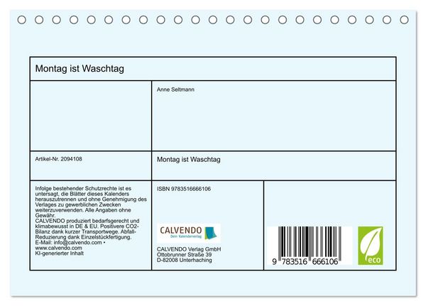 Produktbild: Montag ist Waschtag (Tischkalender 2026 DIN A5 quer), CALVENDO Monatskalender