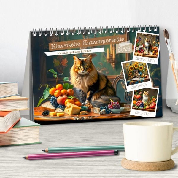 Produktbild: Klassische Katzenportr&auml;ts - Katzen in opulenten Stillleben (Tischkalender 2026 DIN A5 quer), CALVENDO Monatskalender