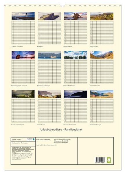 Produktbild: Urlaubsparadiese - Familienplaner (Wandkalender 2026 DIN A2 hoch), CALVENDO Monatskalender
