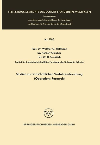 Studien zur wirtschaftlichen Verfahrensforschung (Operations Research), Taschenbuch von Herbert Gülicher , Walther Hoffmann, VS Verlag für