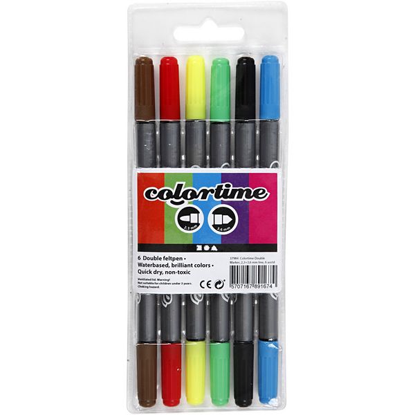 Produktbild: Creativ Company Colortime Dual-Filzstifte Strichst&auml;rke 2,3+3,6 mm, Standard-Farben, 6 Stk