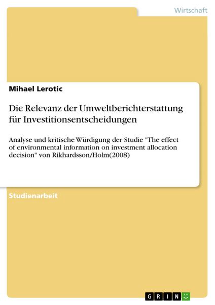 Produktbild: Die Relevanz der Umweltberichterstattung f&uuml;r Investitionsentscheidungen