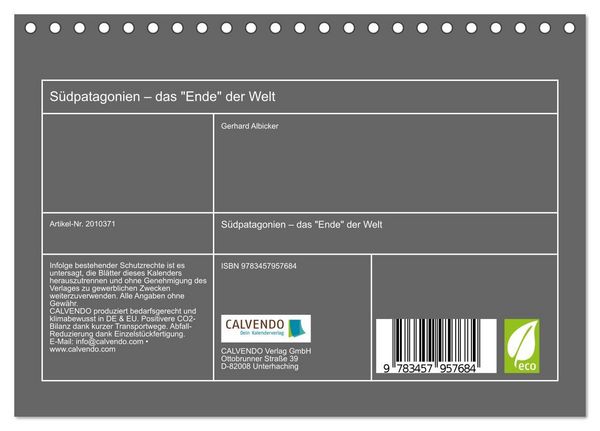 Produktbild: S&uuml;dpatagonien &ndash; das "Ende" der Welt (Tischkalender 2026 DIN A5 quer), CALVENDO Monatskalender