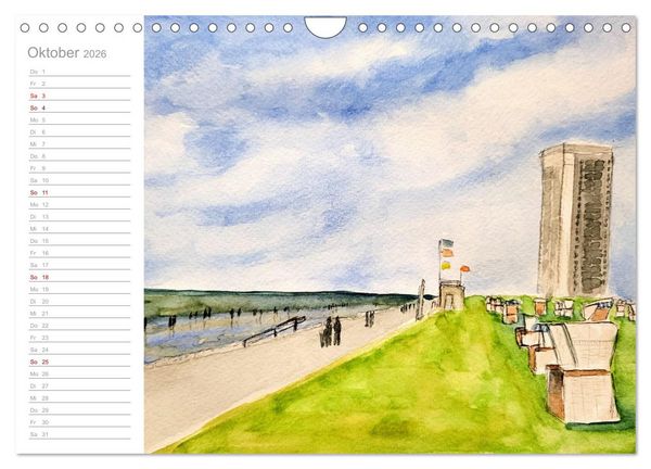 Produktbild: B&uuml;sum Aquarelle - Liebevolle Impressionen des beliebten Nordseebads (Wandkalender 2026 DIN A4 quer), CALVENDO Monatskalender