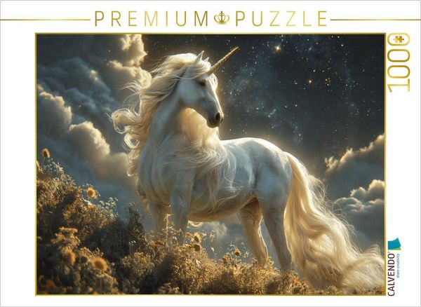 CALVENDO Puzzle Stolzer Himmelswächter: Das imposante Einhorn auf der Sternenwiese | 1000 Teile Lege-Größe 64x48cm Foto-Puzzle für glückliche Stunden