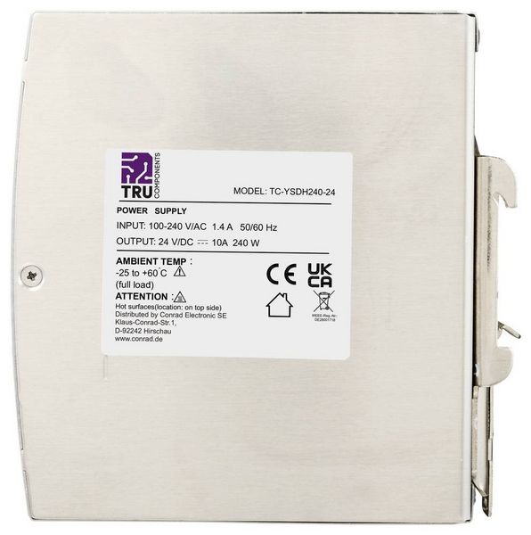 Produktbild: TRU COMPONENTS TC-13850160 Hutschienen-Netzteil (DIN-Rail) 24 V/DC 10 A 240 W Anzahl Ausg&auml;nge:1 x Inhalt 1 St.