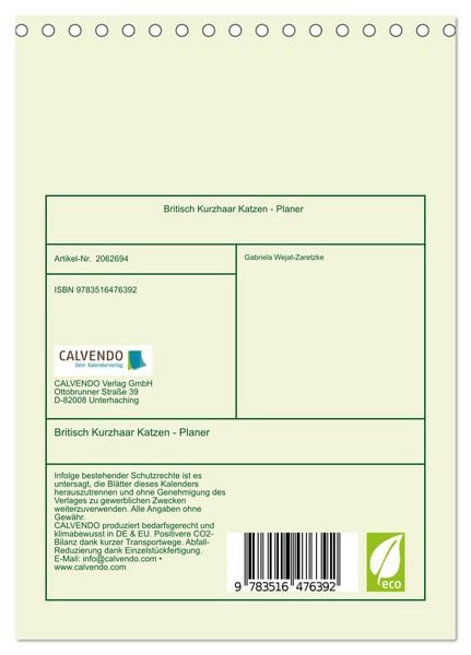 Produktbild: Britisch Kurzhaar Katzen - Planer (Tischkalender 2026 DIN A5 hoch), CALVENDO Monatskalender