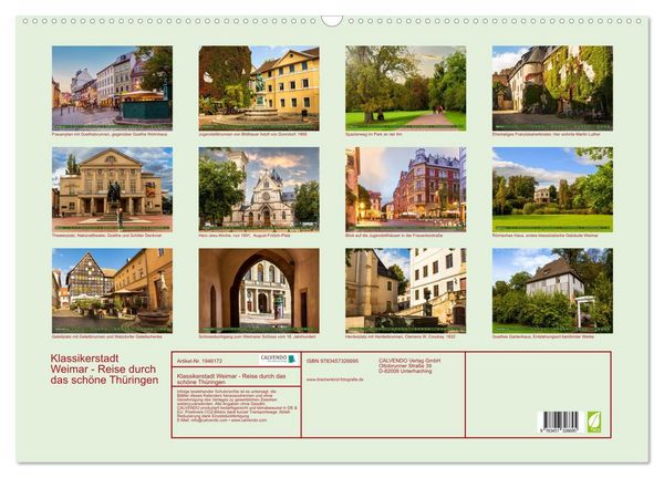 Produktbild: Klassikerstadt Weimar - Reise durch das sch&ouml;ne Th&uuml;ringen (Wandkalender 2026 DIN A2 quer), CALVENDO Monatskalender