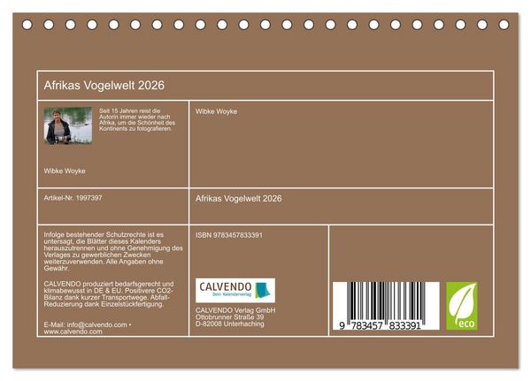 Produktbild: Afrikas Vogelwelt 2026 (Tischkalender 2026 DIN A5 quer), CALVENDO Monatskalender
