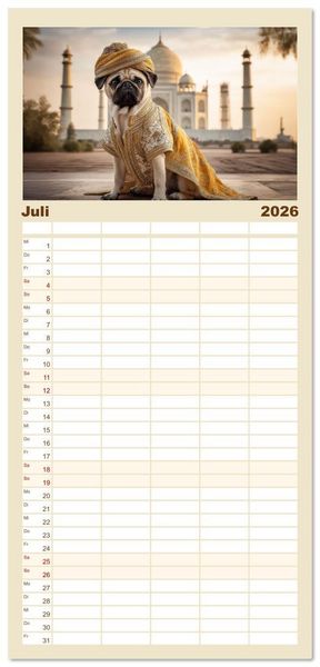 Produktbild: Familienplaner 2026 - Eine Mopsige Weltreise mit 5 Spalten (Wandkalender, 21 x 45 cm) CALVENDO
