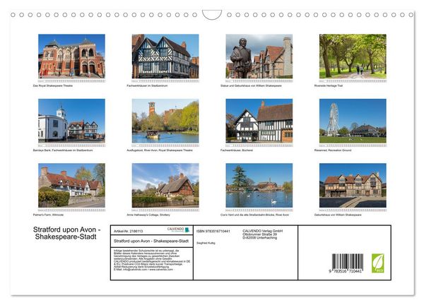 Produktbild: Stratford upon Avon - Shakespeare-Stadt (Wandkalender 2026 DIN A3 quer), CALVENDO Monatskalender