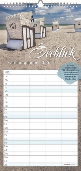 Produktbild: Familienplaner Seeblick 2026 - Familien-Timer 22x45 cm - mit Ferienterminen - 4 Spalten - Wand-Planer - mit vielen Zusatzinformationen - Alpha Edition