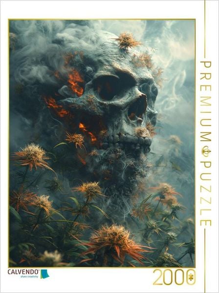CALVENDO Puzzle Feuer des Lebens: Totenkopf im Rauch der Cannabisblüten | 2000 Teile Lege-Größe 90x67cm Foto-Puzzle für glückliche Stunden