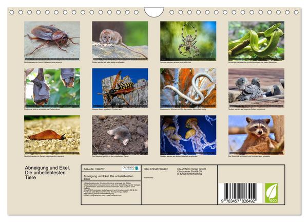 Produktbild: Abneigung und Ekel. Die unbeliebtesten Tiere (Wandkalender 2026 DIN A4 quer), CALVENDO Monatskalender