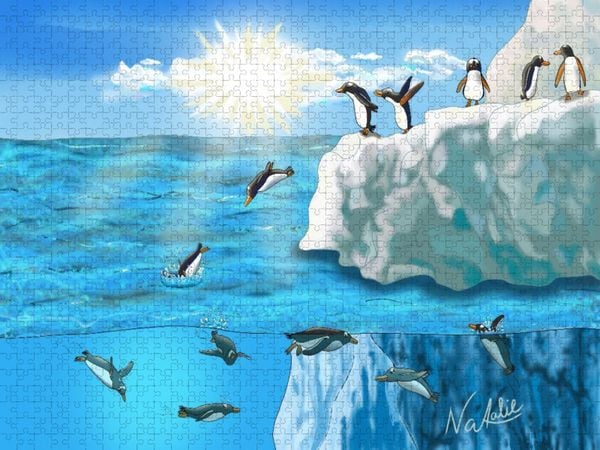 Produktbild: CALVENDO Puzzle Pinguin Sprung, ein H&uuml;pfer ins kalte Nass | 2000 Teile Lege-Gr&ouml;&szlig;e 90x67cm Foto-Puzzle f&uuml;r gl&uuml;ckliche Stunden
